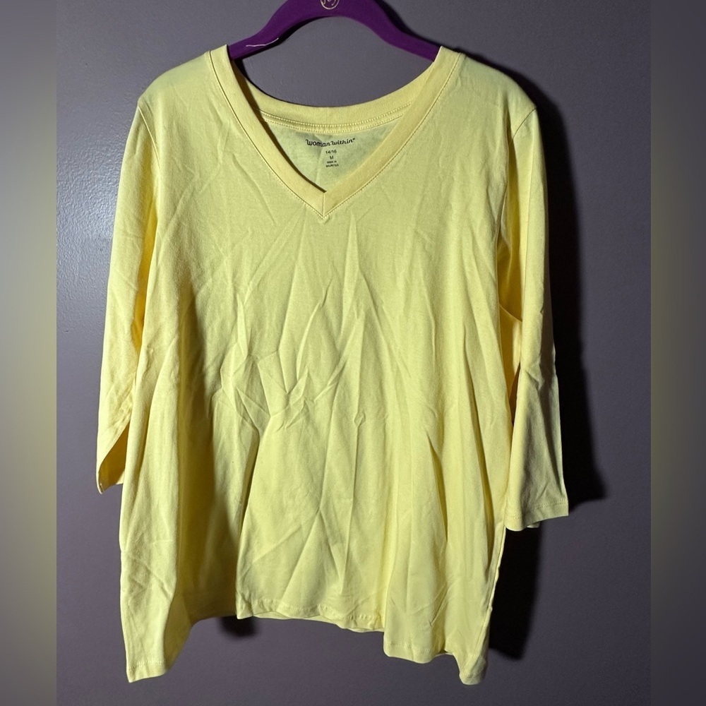 Woman Within Light Yellow V-Neck 3/4 Sleeve Top